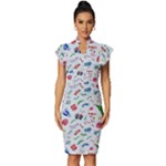 New Year Christmas Winter Pattern Vintage Frill Sleeve V-Neck Bodycon Dress