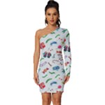 New Year Christmas Winter Pattern Long Sleeve One Shoulder Mini Dress