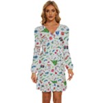 New Year Christmas Winter Pattern Long Sleeve Waist Tie Ruffle Velvet Dress