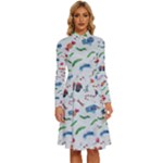 New Year Christmas Winter Pattern Long Sleeve Shirt Collar A-Line Dress