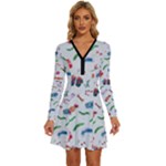 New Year Christmas Winter Pattern Long Sleeve Deep V Mini Dress 