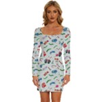New Year Christmas Winter Pattern Long Sleeve Square Neck Bodycon Velvet Dress