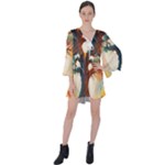 Tree Cosmic Spiritual Meditation V-Neck Flare Sleeve Mini Dress