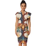 Tree Cosmic Spiritual Meditation Vintage Frill Sleeve V-Neck Bodycon Dress