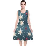 Snowflakes Winter Snow V-Neck Midi Sleeveless Dress 