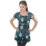 Snowflakes Winter Snow Puff Sleeve Tunic Top