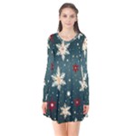 Snowflakes Winter Snow Long Sleeve V-neck Flare Dress