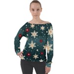 Snowflakes Winter Snow Off Shoulder Long Sleeve Velour Top