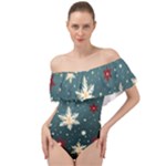 Snowflakes Winter Snow Off Shoulder Velour Bodysuit 