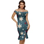 Snowflakes Winter Snow Off Shoulder Ruffle Split Hem Bodycon Dress