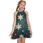 Snowflakes Winter Snow Kids  Halter Collar Waist Tie Chiffon Dress