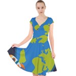 Spaceship Design Cap Sleeve Front Wrap Midi Dress