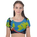 Spaceship Design Velvet Short Sleeve Crop Top 
