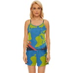 Spaceship Design Satin Pajama Short Set