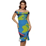 Spaceship Design Off Shoulder Ruffle Split Hem Bodycon Dress