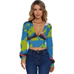 Spaceship Design Long Sleeve Deep-V Velour Top