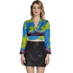 Spaceship Design Long Sleeve Tie Back Satin Wrap Top