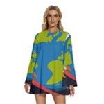 Spaceship Design Round Neck Long Sleeve Bohemian Style Chiffon Mini Dress