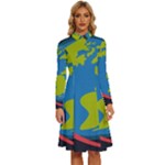 Spaceship Design Long Sleeve Shirt Collar A-Line Dress