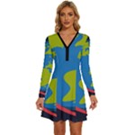 Spaceship Design Long Sleeve Deep V Mini Dress 