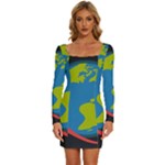 Spaceship Design Long Sleeve Square Neck Bodycon Velvet Dress