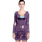 Space Travels Seamless Pattern Vector Cartoon Long Sleeve Bodycon Dress