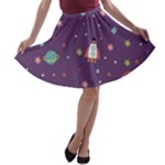 Space Travels Seamless Pattern Vector Cartoon A-line Skater Skirt