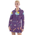 Space Travels Seamless Pattern Vector Cartoon Women s Long Sleeve Casual Dress