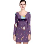 Space Travels Seamless Pattern Vector Cartoon Long Sleeve Velvet Bodycon Dress