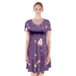 Space Travels Seamless Pattern Vector Cartoon Short Sleeve V-neck Flare Dress