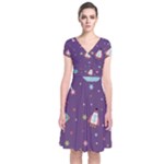 Space Travels Seamless Pattern Vector Cartoon Short Sleeve Front Wrap Dress