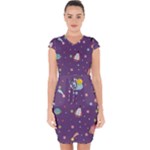 Space Travels Seamless Pattern Vector Cartoon Capsleeve Drawstring Dress 
