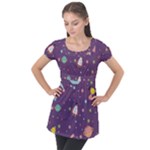Space Travels Seamless Pattern Vector Cartoon Puff Sleeve Tunic Top