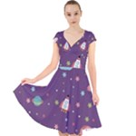 Space Travels Seamless Pattern Vector Cartoon Cap Sleeve Front Wrap Midi Dress