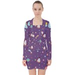 Space Travels Seamless Pattern Vector Cartoon V-neck Bodycon Long Sleeve Dress