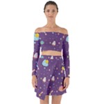 Space Travels Seamless Pattern Vector Cartoon Off Shoulder Top with Skirt Set