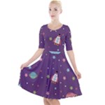 Space Travels Seamless Pattern Vector Cartoon Quarter Sleeve A-Line Dress