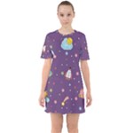 Space Travels Seamless Pattern Vector Cartoon Sixties Short Sleeve Mini Dress