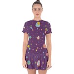 Space Travels Seamless Pattern Vector Cartoon Drop Hem Mini Chiffon Dress