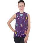 Space Travels Seamless Pattern Vector Cartoon Mock Neck Chiffon Sleeveless Top
