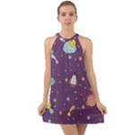 Space Travels Seamless Pattern Vector Cartoon Halter Tie Back Chiffon Dress