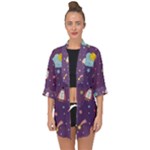 Space Travels Seamless Pattern Vector Cartoon Open Front Chiffon Kimono