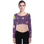 Space Travels Seamless Pattern Vector Cartoon Velvet Long Sleeve Crop Top