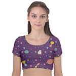 Space Travels Seamless Pattern Vector Cartoon Velvet Short Sleeve Crop Top 