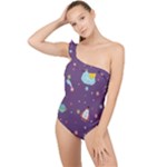Space Travels Seamless Pattern Vector Cartoon Frilly One Shoulder Swimsuit
