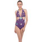 Space Travels Seamless Pattern Vector Cartoon Halter Front Plunge Swimsuit