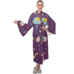 Space Travels Seamless Pattern Vector Cartoon Maxi Velvet Kimono