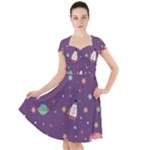 Space Travels Seamless Pattern Vector Cartoon Cap Sleeve Midi Dress