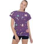 Space Travels Seamless Pattern Vector Cartoon Ruffle Collar Chiffon Blouse