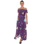 Space Travels Seamless Pattern Vector Cartoon Off Shoulder Open Front Chiffon Dress